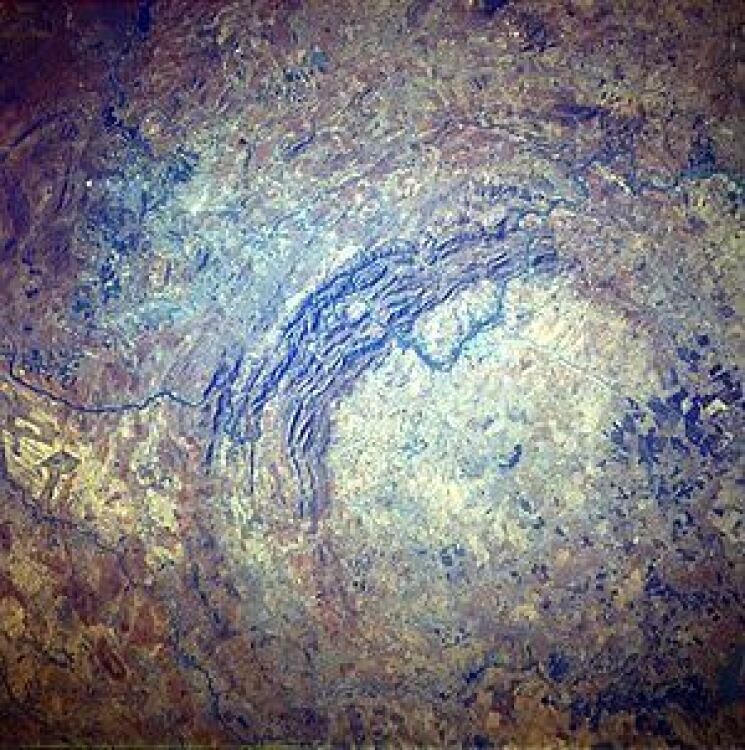 The Vredefort Crater in South Africa as viewed from above.