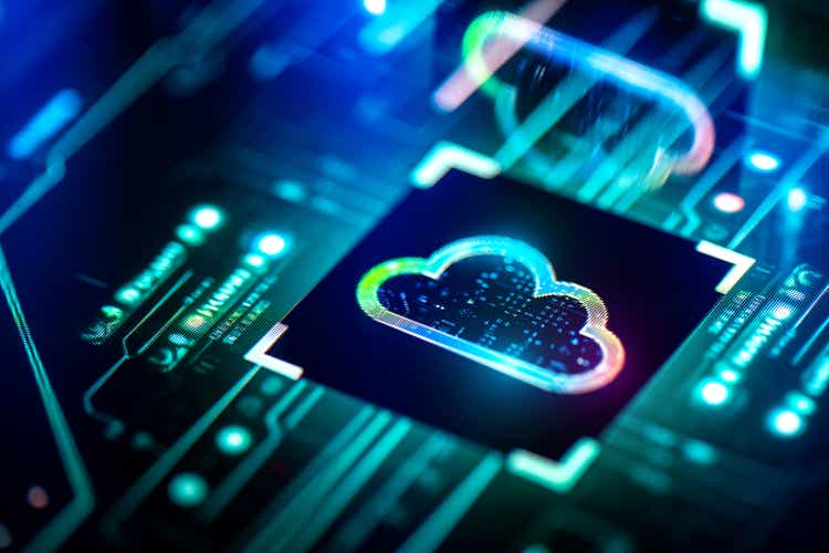 Cloud computing concept. Digital cloud solutions on PCB futuristic background