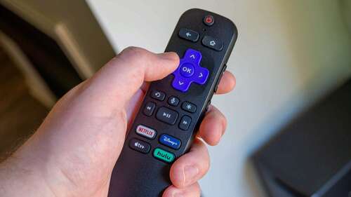 Person holding a Roku remote.