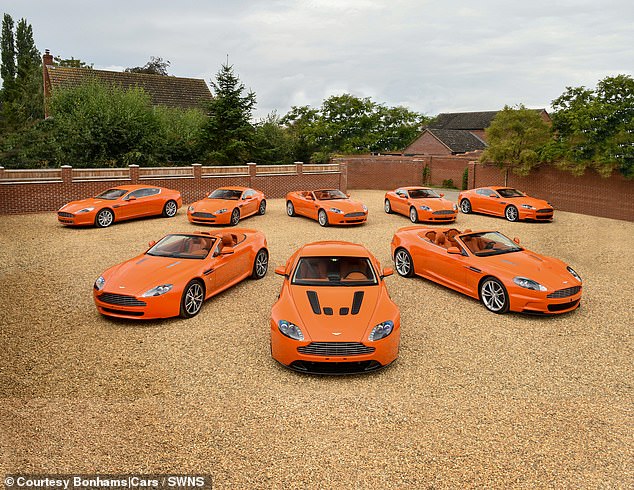 An array of vibrant Aston Martins, known as The Orange Collection (pictured), are going up for auction after the eccentic owner decided to part with his selection of tangerine supercars