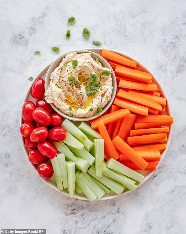 Make lunchtime fun by serving dips with raw veggies: anything that you have in the fridge, such as carrot and celery sticks, sugarsnap peas or baby tomatoes