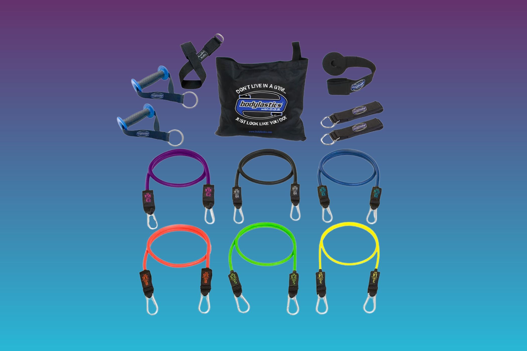 bodylastics resistance band set on blue background