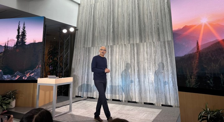 Microsoft CEO delivering a talk in the company's Redmond headquarters.