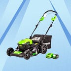 The Greenworks 40V brushless 21-inch self-propelled walk-behind lawnmower is displayed against a blue background.