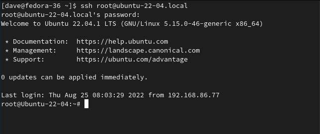 The root user connecting to a remote computer using SSH