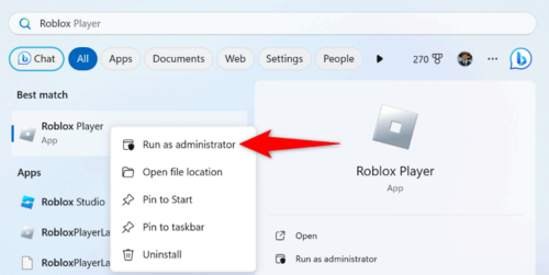 Windows option to Run as Administrator for Roblox.