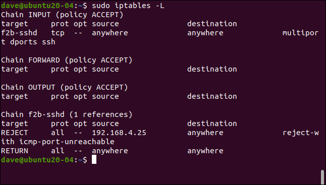 sudo iptables -L in a terminal window