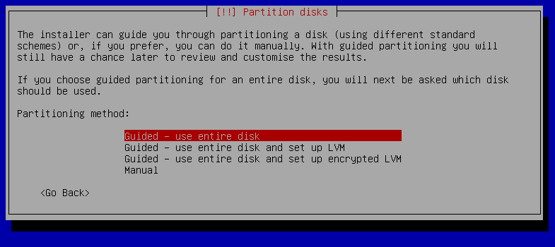 Selecting the partitioning method in the installation program