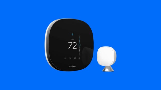 Ecobee Smart Thermostat with Voice Control displaying 72 degrees temperature alongside SmartSensor