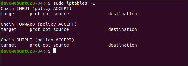 sudo iptables -L in a terminal window