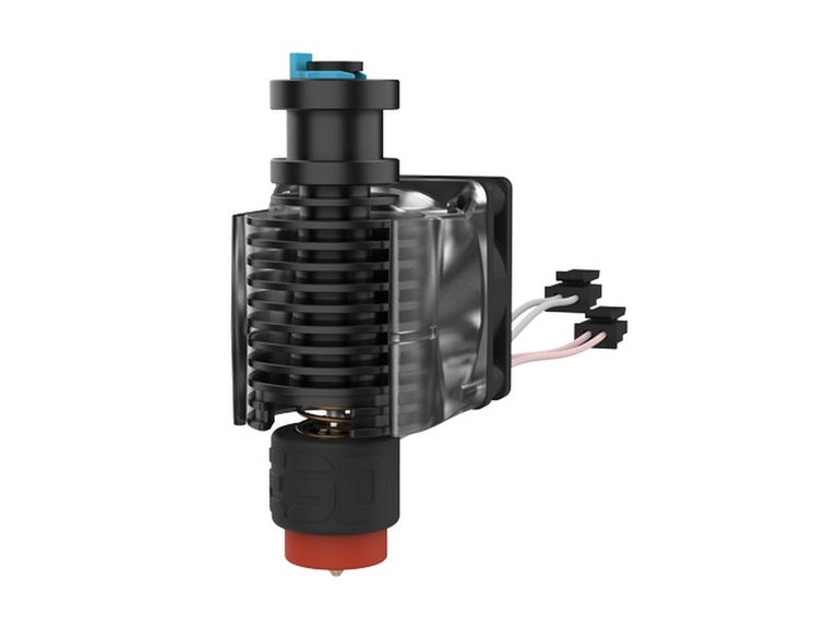 A black hotend assembly with a red silicone booted nozzle