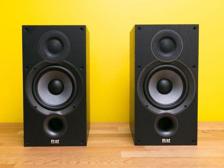 A pair of black ELAC Debut 2.0 B6.2 bookshelf speakers