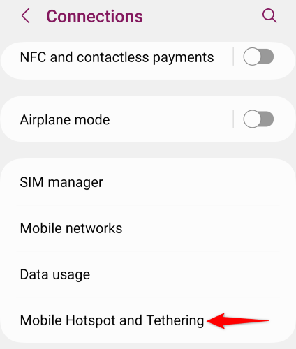 Android Connections with the Mobile Hotspot and Tethering option highlighted.