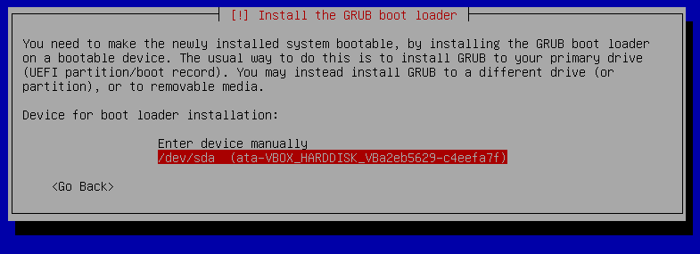 Confirming the location of the boot loader in the installation program