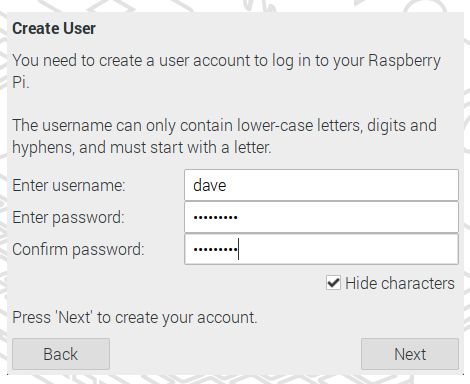 Creating a user in the Raspberry Pi configuration process