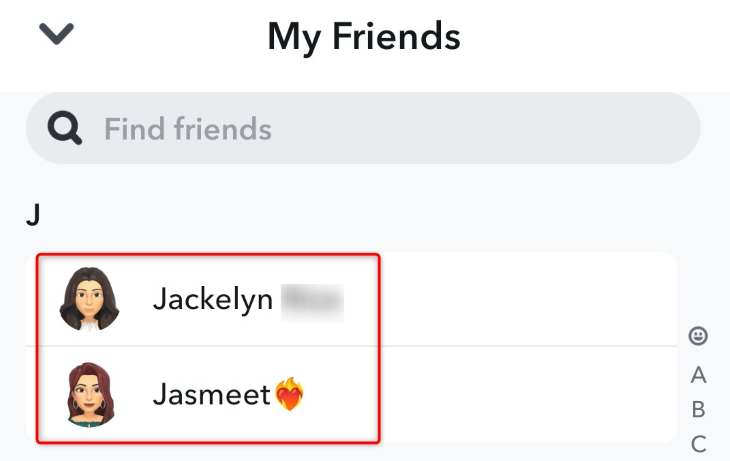 A list of friends from the My Friends page in Snapchat.