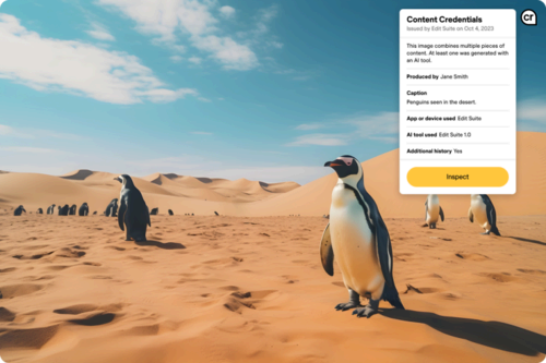 AI generated image of penguins in a desert with Content Credentials information window open in upper right corner