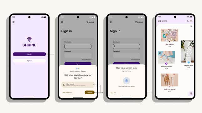 Four screenshots of the passkey functionality on Android 