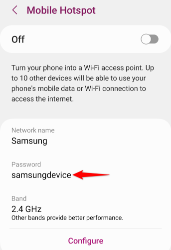 Android's mobile hotspot settings, highlighting the password field.