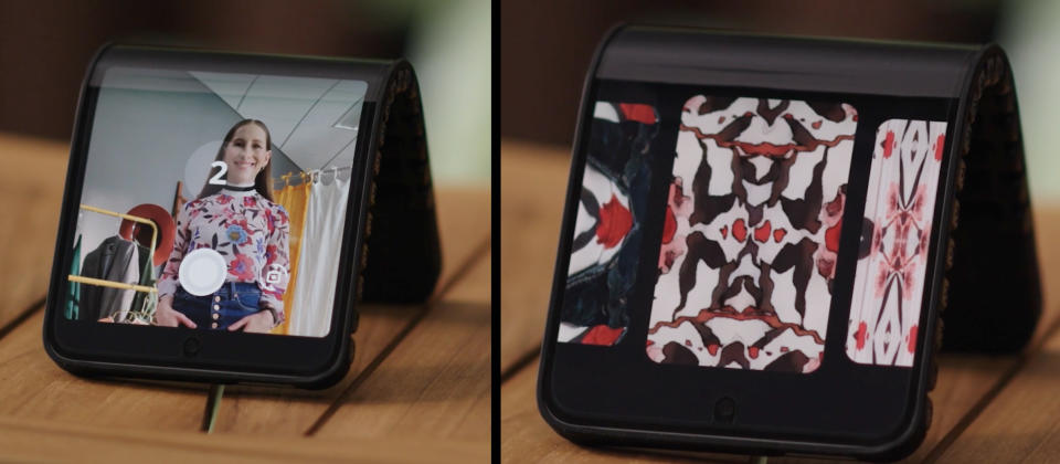 Split-paned image showing a bendable phone prototype. Left: a woman taking a selfie showing her floral top. Right: the phone offers several wallpaper options based on the top's pattern.