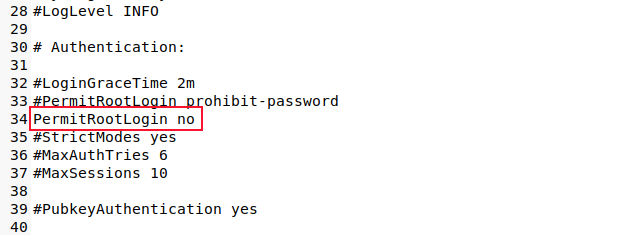 The sshd_config file opened in an editor with the PermitRootLoging line set to 