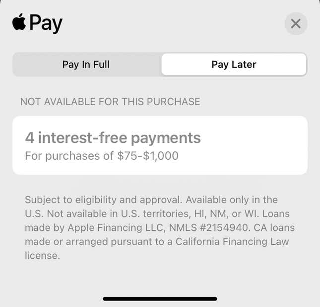 A Gizmodo test of Apple Pay Later shows the increased minimum purchase.