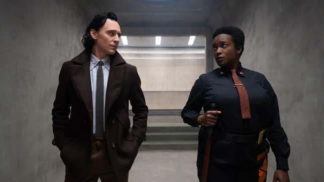 Tom Hiddleston as Loki and Wunmi Mosaku as Hunter B-15 in Marvel Studios’ Loki on Disney+.