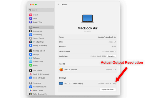 MacBook output resolution to external monitor highlighted in macOS General settings.