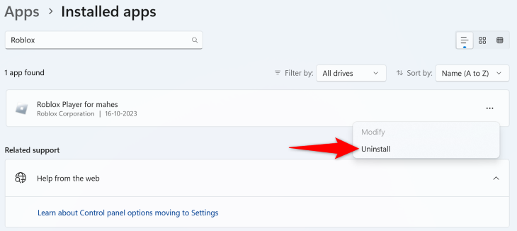Option to Uninstall Roblox from the Windows Apps settings.