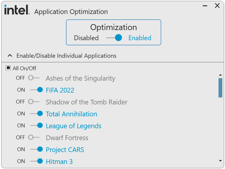 Intel marketing image for its Application Optimization feature. A gray box with a toggle at the top to enable or disable. Individual games (with on / off toggles) sits below.