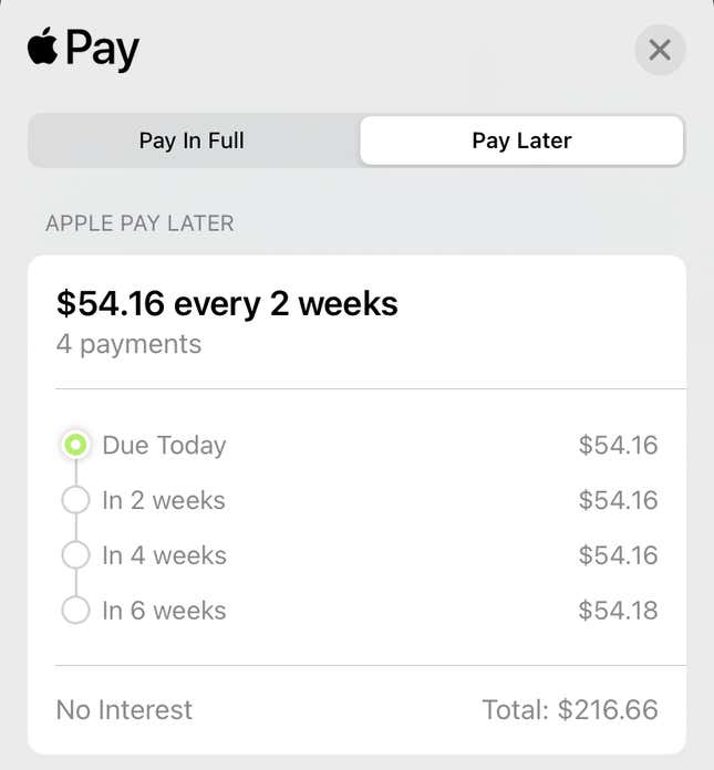 A Gizmodo test of a purchase qualifying for Apple Pay Later of $216.66.