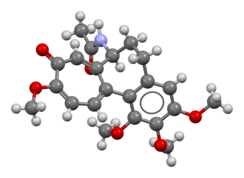 Ball-and-stick model of the colchicine molecule.