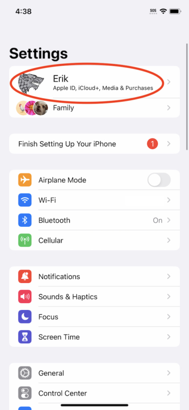 Once iPhone setup completes on the second iPhone, you can confirm your Apple ID is associated with the handset by viewing the Apple ID displayed at the top of the screen.