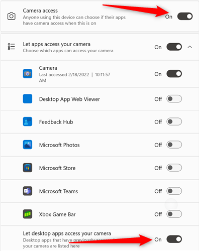 Click the switches for "Camera access" and "Let desktop apps access your camera."