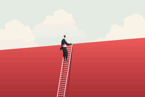 Business man slowly climbing a ladder and able to see over the top of the wall it's leaning against.