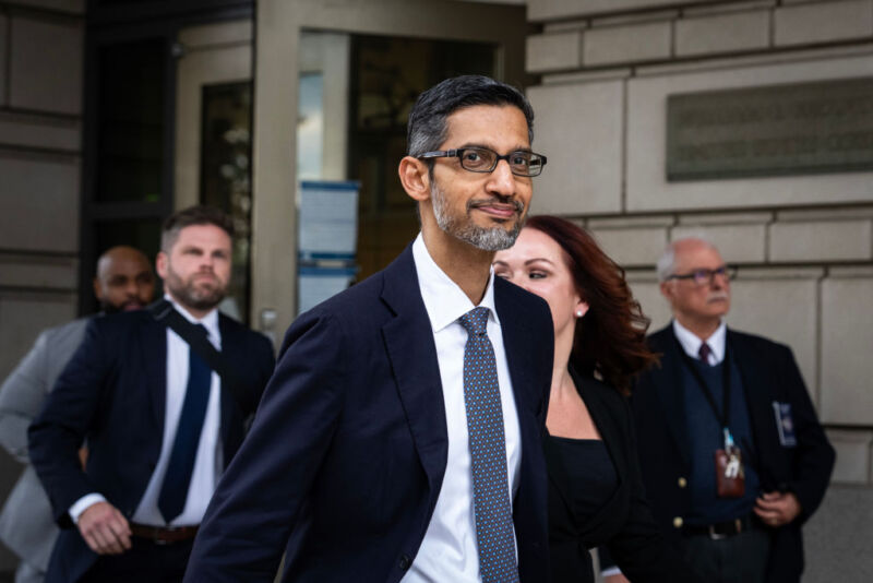 Google and Alphabet CEO Sundar Pichai departs federal court on October 30, 2023 in Washington, DC. Pichai testified on Monday to defend his company in the largest antitrust case since the 1990s. The US government is seeking to prove that Alphabet's Google Inc. maintains an illegal monopoly in the online search business. The trial is expected to last into November.