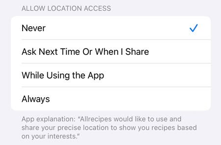 Location permission options.