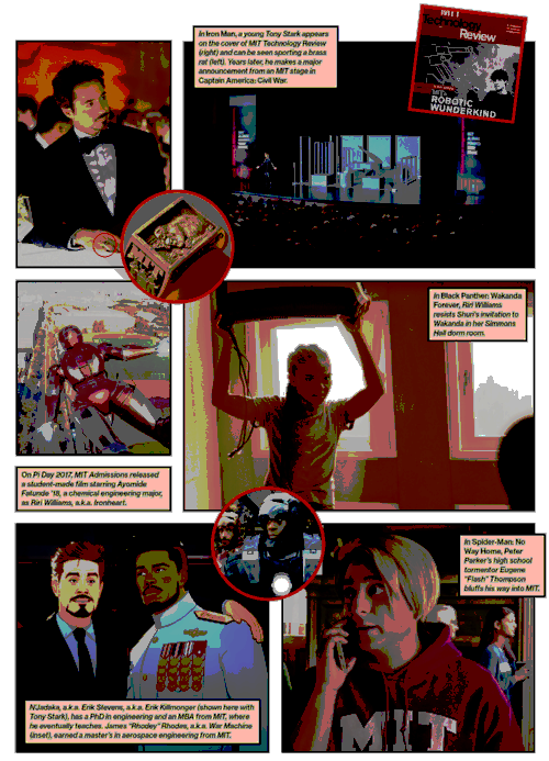 Composite Image of movie stills in comic format. First panel: In Iron Man, a young Tony Stark appears on the cover of MIT Technology Review (right) and can be seen sporting a brass rat (left). Years later, he makes a major announcement from an MIT stage in Captain America: Civil War. Second panel: On Pi Day 2017, MIT Admissions released a student-made film starring Ayomide Fatunde ’18, a chemical engineering major, as Riri Williams, a.k.a. Ironheart. Third panel : In Black Panther: Wakanda Forever, Riri Williams resists Shuri’s invitation to Wakanda in her Simmons Hall dorm room. Fourth: In Spider-Man: No Way Home, Peter Parker’s high school tormentor Eugene “Flash” Thompson bluffs his way into MIT. Fifth panel: N’Jadaka, a.k.a. Erik Stevens, a.k.a. Erik Killmonger (shown here with Tony Stark), has a PhD in engineering and an MBA from MIT, where he eventually teaches. James “Rhodey” Rhodes, a.k.a. War Machine (inset), earned a master’s in aerospace engineering from MIT.