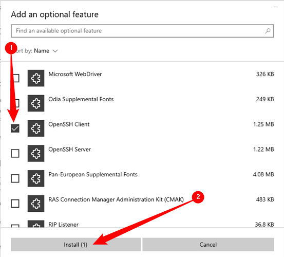 Tick the box next to "OpenSSH Client," then click "Install."