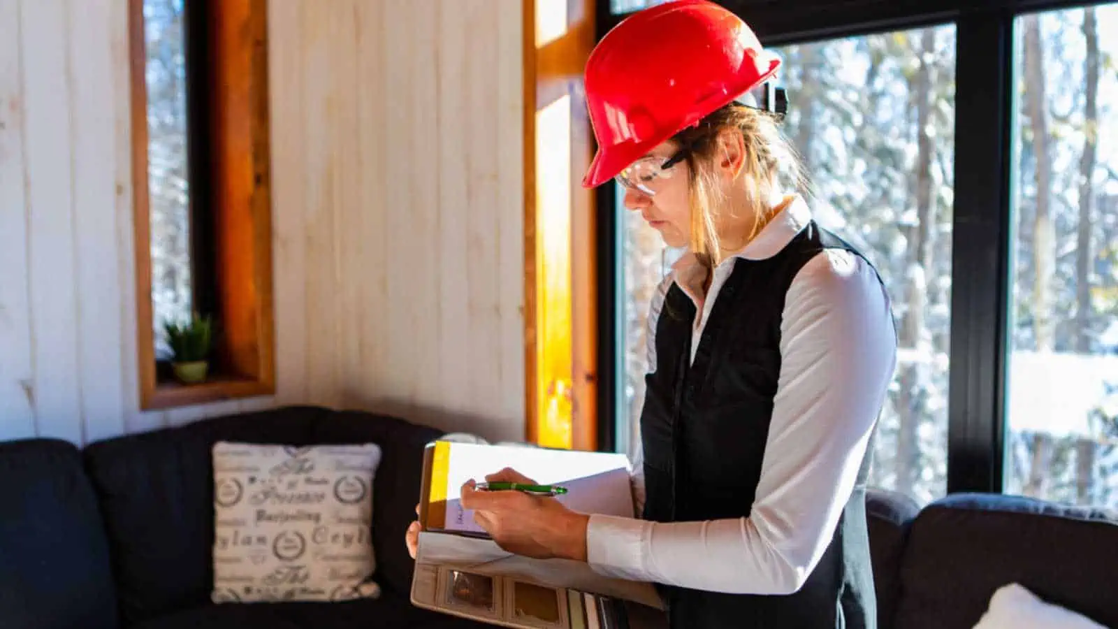 caucasian woman inspector during pre-purchase inspection, she wearing a red hardhat and protective eyewear and using a clipboard, home interior review