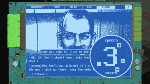 Character on a CRT-style screen being persuaded by the player, rolling dice on a speech check, succeeding.