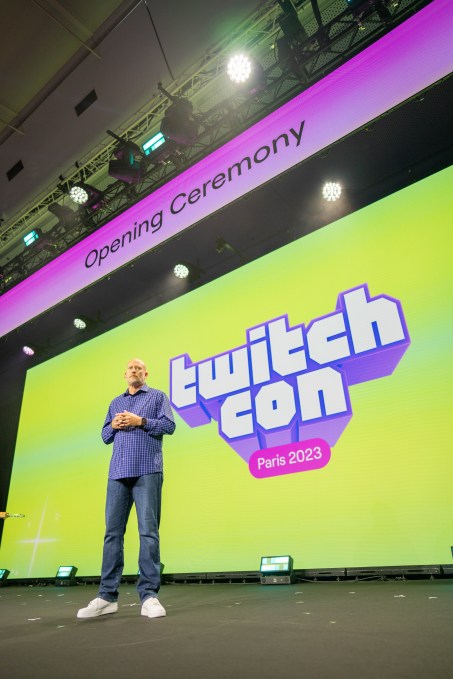 Twitch chief monetization officer Mike Minton addresses the crowd at TwitchCon Paris.