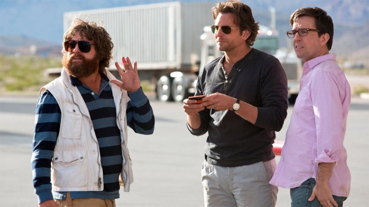 Zach Galifianakis, Bradley Cooper, and Ed Helms in The Hangover Part III. 