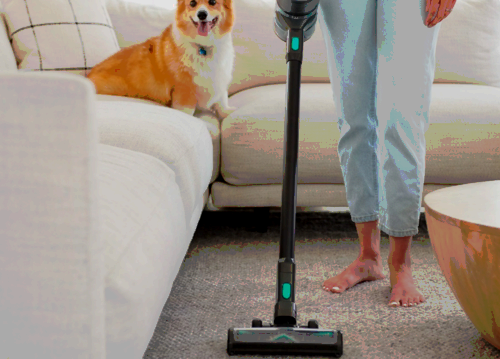 A woman vacuums her living room with a Wyze cordless stick vacuum.