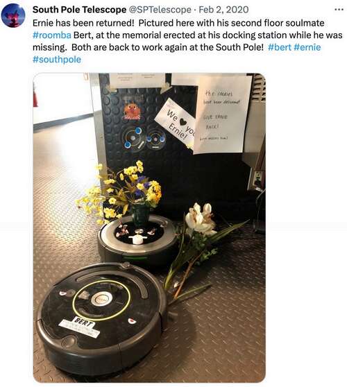 A Twitter post shows two roombas, flowers, and signs.