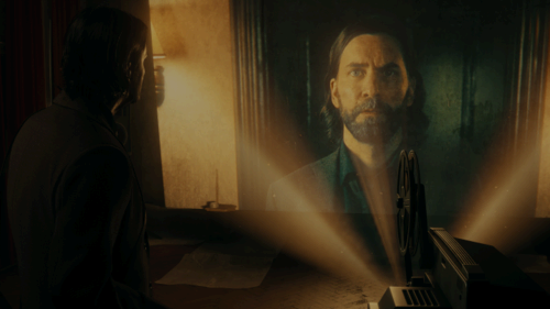 Alan Wake watches a video of himself in Alan Wake 2.