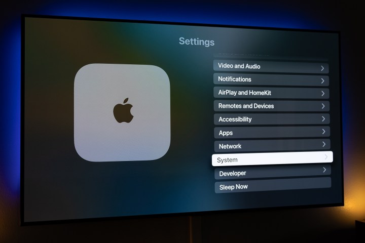 The System option in Apple TV settings.