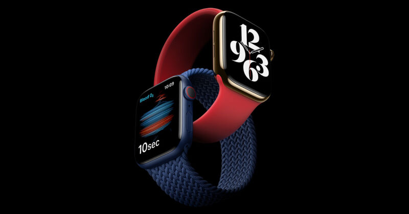 Two smartwatches are intertwined in this promotional image.