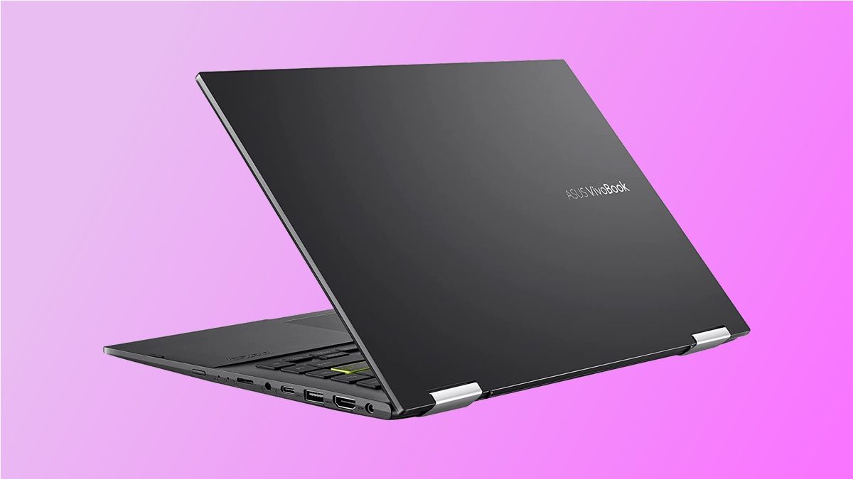 ASUS VivoBook Flip 14 on pink background