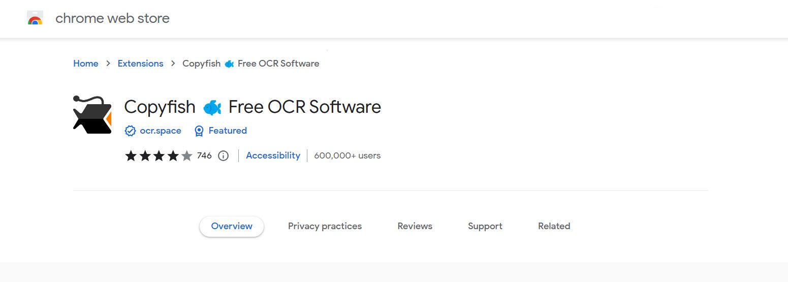 A picture showing the Copyfish extension page on Chrome Extentions Store